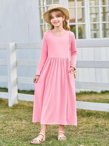 Haloumoning Girls Maxi Dress Long Sleeve Casual Holiday Dress with Pockets for 5-14 Years in Saudi Arabia