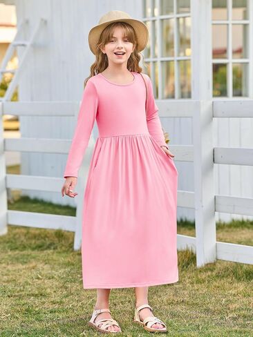 Haloumoning Girls Maxi Dress Long Sleeve Casual Holiday Dress with Pockets for 5-14 Years in Saudi Arabia