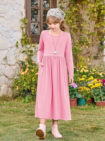 Haloumoning Girls Maxi Dress Long Sleeve Casual Holiday Dress with Pockets for 5-14 Years in Saudi Arabia
