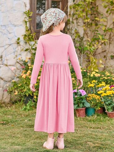 Haloumoning Girls Maxi Dress Long Sleeve Casual Holiday Dress with Pockets for 5-14 Years in Saudi Arabia