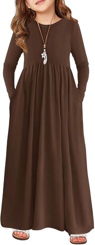 Haloumoning Girls Maxi Dress Long Sleeve Casual Holiday Dress with Pockets for 5-14 Years in Saudi Arabia