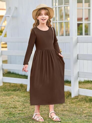 Haloumoning Girls Maxi Dress Long Sleeve Casual Holiday Dress with Pockets for 5-14 Years in Saudi Arabia