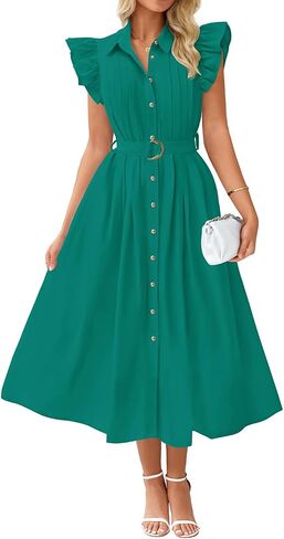 ZESICA Women's 2025 Summer Boho Button Midi Dresses Casual V Neck Flutter Sleeve Belted Long Dresses with Pockets in Kuwait