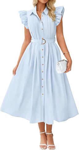 ZESICA Women's 2025 Summer Boho Button Midi Dresses Casual V Neck Flutter Sleeve Belted Long Dresses with Pockets in Kuwait