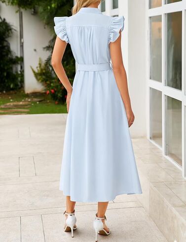 ZESICA Women's 2025 Summer Boho Button Midi Dresses Casual V Neck Flutter Sleeve Belted Long Dresses with Pockets in Kuwait