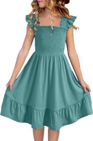 blibean Teen Girls Summer Dresses Smocked Sleeveless Sundresses with Pockets Size 6-15 Years in Saudi Arabia