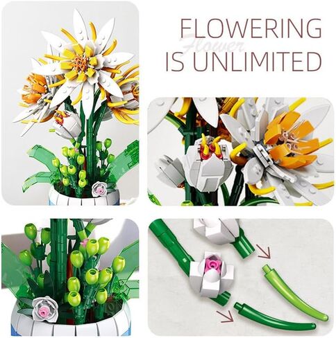Rose Flower Bouquet Building Sets - Compatible with Lego Flower Bouquet, Artificial Wildflower with Vase, DIY Unique Decoration Home, Botanical Collection for Ages 8-12 yrs Old Girl for Gift in Kuwait