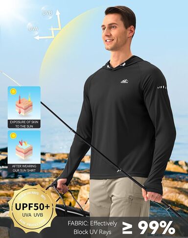 قميص هوديي حماية الشمس للرجال UPF أكثر من 50 عامًا حارس الطفح الجلدي الأكمام الطويلة UV SPF قميص المشي لمسافات طويلة للرجال in Kuwait