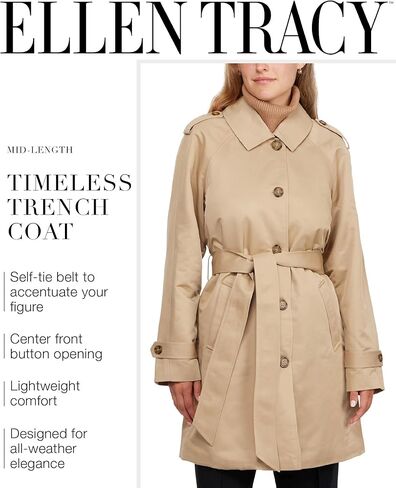 ELLEN TRACY Women's Trench Coat - Waist Belted Button Up Long Raincoat for Ladies (Sizes: S-XL) in Kuwait