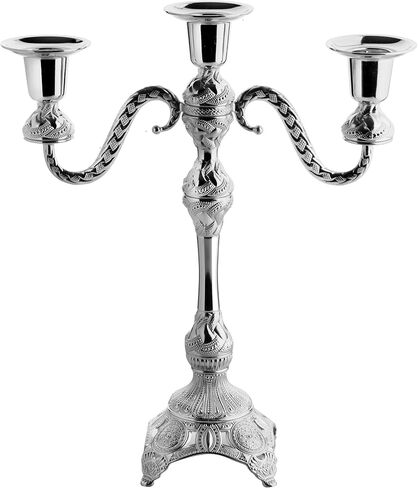 حامل الشمعة 3 -arm -arm - زماكة زاماك كانديلابرا لديكور المنزل الأنيق ، يحمل 3 شموع ، التجميع المطلوبة (الذهب والفضة) (الفضة) in Kuwait