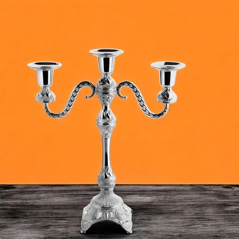 حامل الشمعة 3 -arm -arm - زماكة زاماك كانديلابرا لديكور المنزل الأنيق ، يحمل 3 شموع ، التجميع المطلوبة (الذهب والفضة) (الفضة) in Kuwait