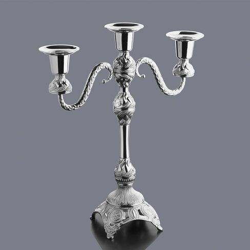 حامل الشمعة 3 -arm -arm - زماكة زاماك كانديلابرا لديكور المنزل الأنيق ، يحمل 3 شموع ، التجميع المطلوبة (الذهب والفضة) (الفضة) in Kuwait