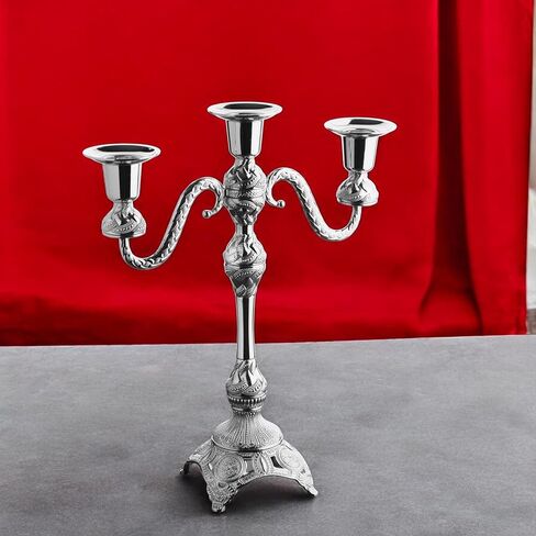 حامل الشمعة 3 -arm -arm - زماكة زاماك كانديلابرا لديكور المنزل الأنيق ، يحمل 3 شموع ، التجميع المطلوبة (الذهب والفضة) (الفضة) in Kuwait