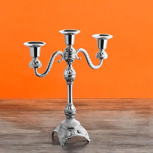 حامل الشمعة 3 -arm -arm - زماكة زاماك كانديلابرا لديكور المنزل الأنيق ، يحمل 3 شموع ، التجميع المطلوبة (الذهب والفضة) (الفضة) in Kuwait