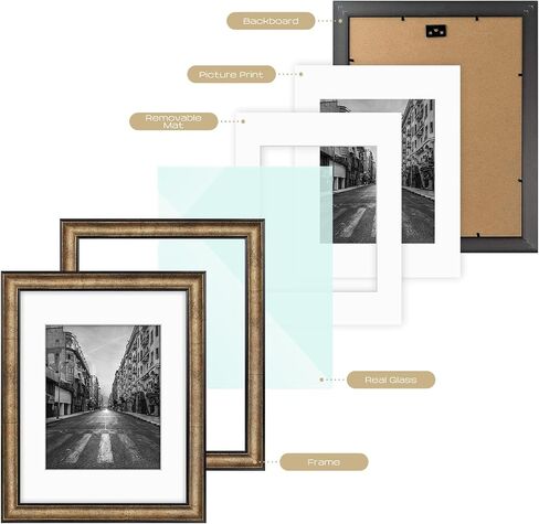 Golden State Art, 11x14 Photo Frame with Mat for Pictures 8x10 and Real Glass (Dark Gold Brown & Bronze Pewter Panel with White Color Mat, 1.25 Inch Frame Border) in Saudi Arabia