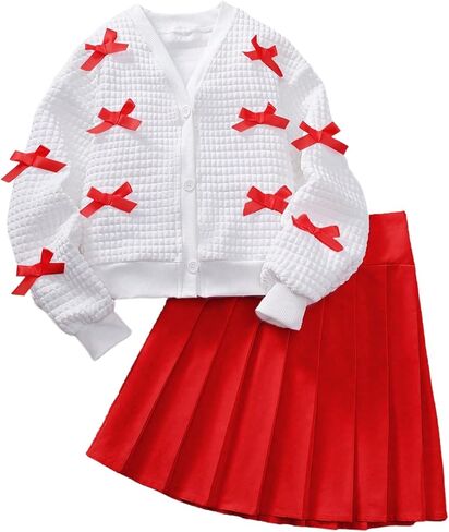 Girl's 2 Piece Outfit Y2k Bow Cardigan V Neck Long Sleeve Jacket Pleated Mini Skirt Set in Kuwait