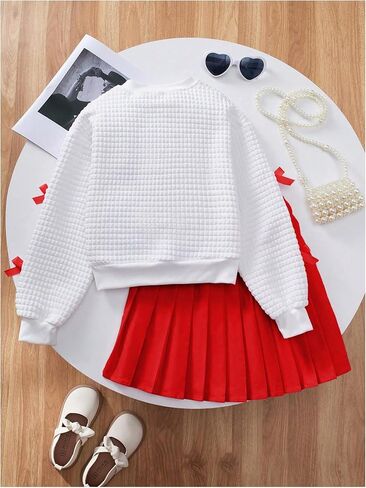 Girl's 2 Piece Outfit Y2k Bow Cardigan V Neck Long Sleeve Jacket Pleated Mini Skirt Set in Kuwait