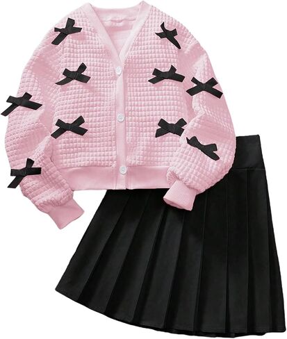 Girl's 2 Piece Outfit Y2k Bow Cardigan V Neck Long Sleeve Jacket Pleated Mini Skirt Set in Saudi Arabia