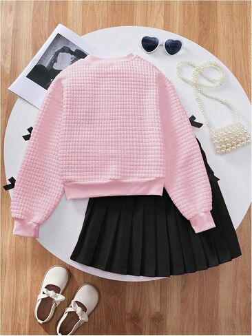 Girl's 2 Piece Outfit Y2k Bow Cardigan V Neck Long Sleeve Jacket Pleated Mini Skirt Set in Saudi Arabia
