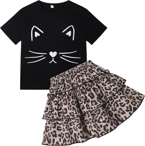 مجموعة تنورة للفتيات الصغيرات - 2 قطعة قصيرة الأكمام أعلى شيربريد تيرنج زي الفتيات الربيع الصيف الملابس 3-8 سنوات in Kuwait