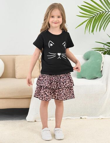 مجموعة تنورة للفتيات الصغيرات - 2 قطعة قصيرة الأكمام أعلى شيربريد تيرنج زي الفتيات الربيع الصيف الملابس 3-8 سنوات in Kuwait