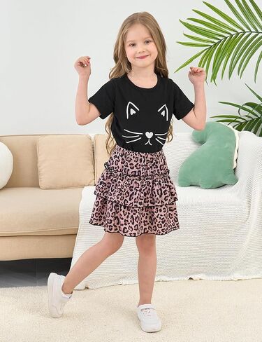 مجموعة تنورة للفتيات الصغيرات - 2 قطعة قصيرة الأكمام أعلى شيربريد تيرنج زي الفتيات الربيع الصيف الملابس 3-8 سنوات in Kuwait