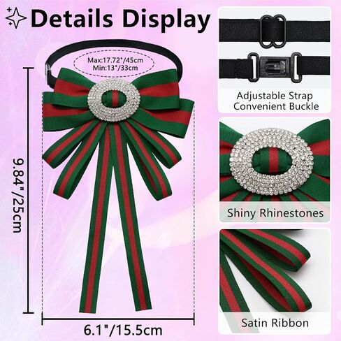 Striped Ribbon Bow Ties for Women with Rhinestone Pre-tied Adjustable Womens Bow Tie Big Bowtie for Women Uniform in Kuwait