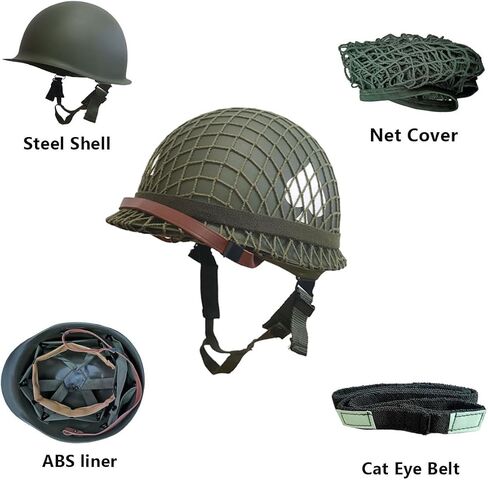 WWII US Army M1 Steel Helment Replica - WW2 Gear مع حزام الذقن القماشي ، غطاء شبكة ، شريط عين Cat و DIY in Saudi Arabia