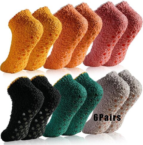 jeuhut 6 Pairs Fuzzy Grip Socks for Women Soft Cozy Fluffy Slipper Socks with Grips Winter Warm Stocking Stuffers in Kuwait