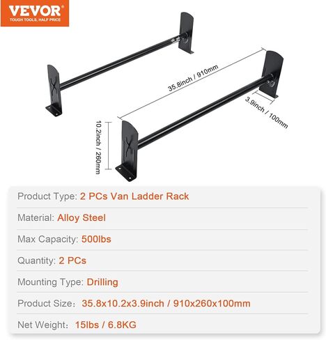 VEVOR Van Roof Ladder Rack - 35.8"-52.4" Adjustable Roof Rack, 500 LBS Capacity Alloy Steel, Drilling Mount for Minivans, Black in Kuwait