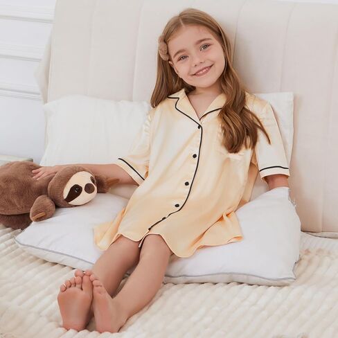 QPANCY Girls Satin Nightgowns Button Down Silky Sleepwear Pajamas Short Sleeve Princess Night Dresses Loungewear in Saudi Arabia