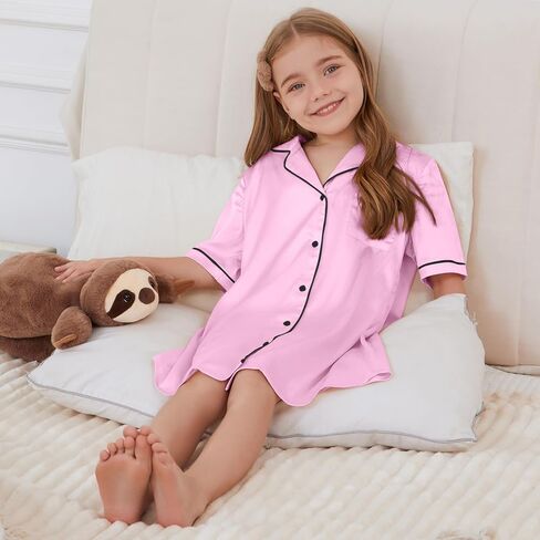 QPANCY Girls Satin Nightgowns Button Down Silky Sleepwear Pajamas Short Sleeve Princess Night Dresses Loungewear in Saudi Arabia