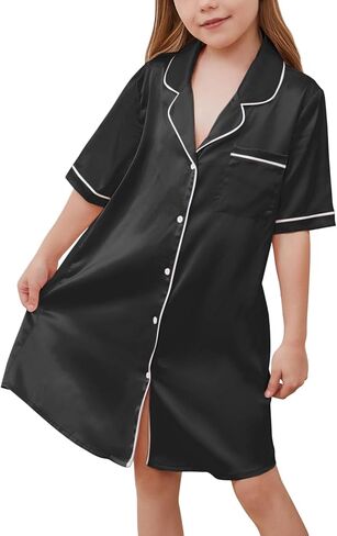 QPANCY Girls Satin Nightgowns Button Down Silky Sleepwear Pajamas Short Sleeve Princess Night Dresses Loungewear in Kuwait