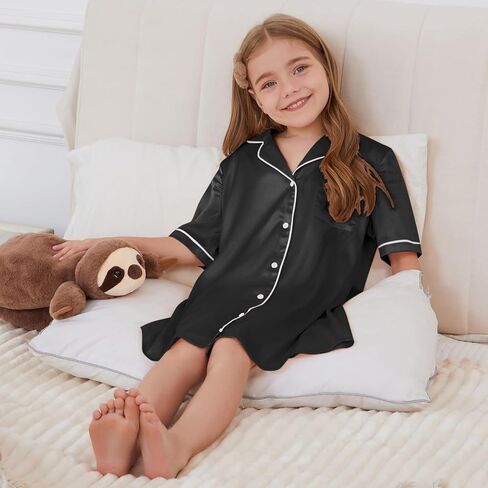 QPANCY Girls Satin Nightgowns Button Down Silky Sleepwear Pajamas Short Sleeve Princess Night Dresses Loungewear in Kuwait