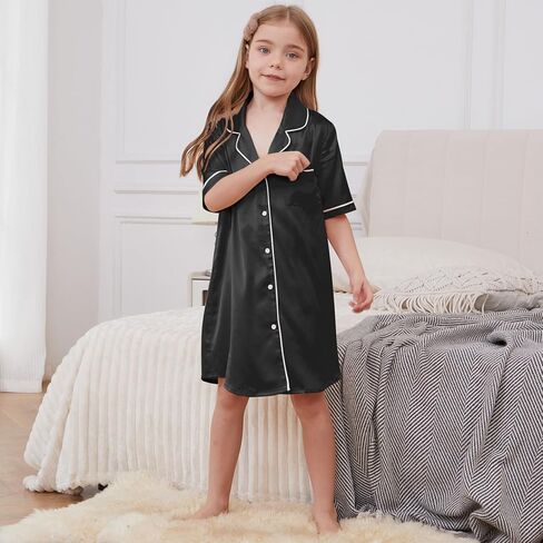 QPANCY Girls Satin Nightgowns Button Down Silky Sleepwear Pajamas Short Sleeve Princess Night Dresses Loungewear in Kuwait