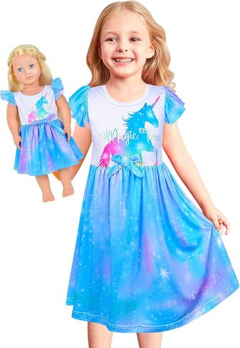 PASHOP Doll and Girl Matching Nightgown Flutter Sleeve Unicorn Princess Pajamas Night Dress for Girls and 18" Doll Clothes in Kuwait