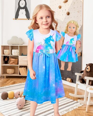 PASHOP Doll and Girl Matching Nightgown Flutter Sleeve Unicorn Princess Pajamas Night Dress for Girls and 18" Doll Clothes in Kuwait