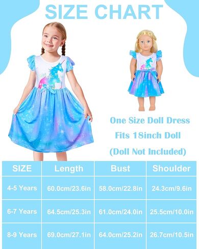 PASHOP Doll and Girl Matching Nightgown Flutter Sleeve Unicorn Princess Pajamas Night Dress for Girls and 18" Doll Clothes in Kuwait