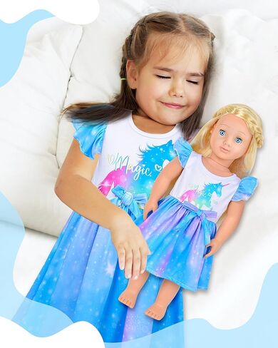 PASHOP Doll and Girl Matching Nightgown Flutter Sleeve Unicorn Princess Pajamas Night Dress for Girls and 18" Doll Clothes in Kuwait