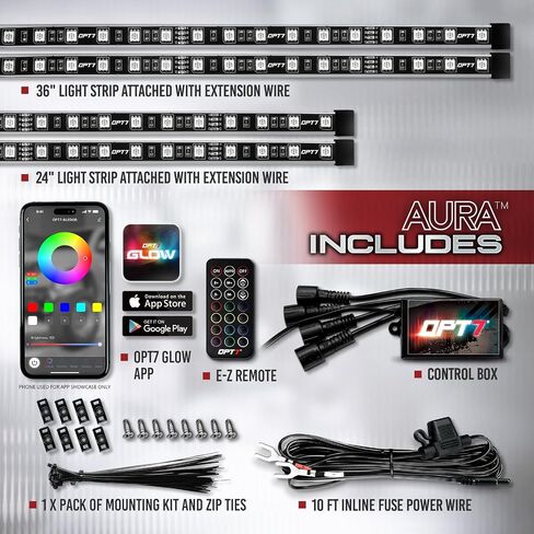 OPT7 Aura Pro Golf Cart Underglow Bluetooth APP LED Lighting Kit, Neon Underbody Strips Accessories, RGB Multi-Color Mode Accent Lights with Bluetooth Controlled App, w/Switch, 10pcs, 12V, Single Row in Saudi Arabia