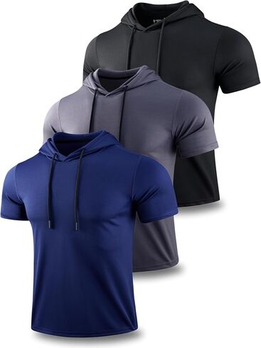 3 Pack: Men's Lightweight Short Sleeve Workout Hoodies, Athletic Dry Fit Hooded T Shirts for Gym Running in Saudi Arabia