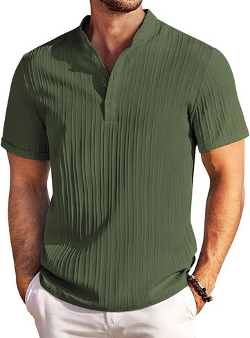 COOFANDY Men Casual Henley Tee Shirt Short Sleeve Band Collar Summer Beach Textured T-Shirt in Kuwait