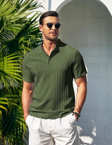 COOFANDY Men Casual Henley Tee Shirt Short Sleeve Band Collar Summer Beach Textured T-Shirt in Kuwait