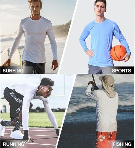Neyouqe Men's Sun Protection Upf 50+ قمصان طويلة الأكمام الجري تجريع تمرين رياضة رياضية قميص UV Swim Fish Guard واقي المشي لمسافات طويلة in Kuwait