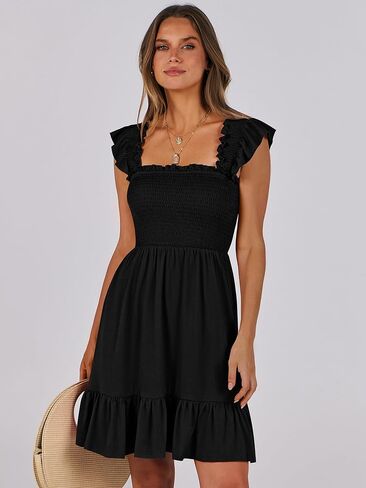 Prinbara Womens Summer Casual Square Neck Smocked Short Sundress 2025 Spring Beach Vacation Flowy Cute Teen Boho Dresses in Kuwait