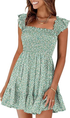 Prinbara Womens Summer Casual Square Neck Smocked Short Sundress 2025 Spring Beach Vacation Flowy Cute Teen Boho Dresses in Kuwait