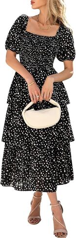 BTFBM Womens Square Neck Smocked Dress Summer Puff Short Sleeve Floral Casual Ruffle Tiered Maxi Wedding Guest Dresses in Kuwait