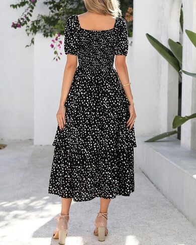 BTFBM Womens Square Neck Smocked Dress Summer Puff Short Sleeve Floral Casual Ruffle Tiered Maxi Wedding Guest Dresses in Kuwait