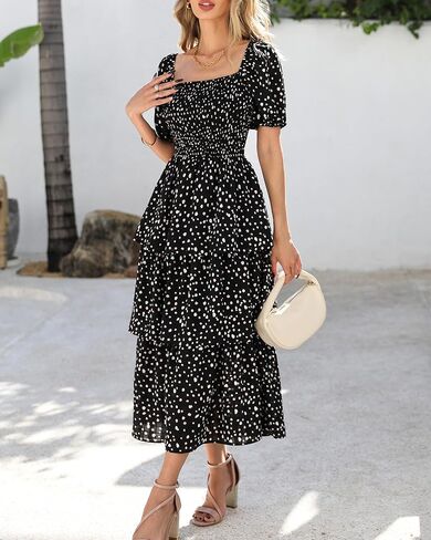 BTFBM Womens Square Neck Smocked Dress Summer Puff Short Sleeve Floral Casual Ruffle Tiered Maxi Wedding Guest Dresses in Kuwait