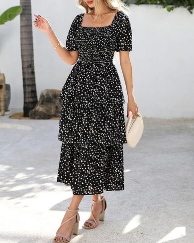 BTFBM Womens Square Neck Smocked Dress Summer Puff Short Sleeve Floral Casual Ruffle Tiered Maxi Wedding Guest Dresses in Kuwait